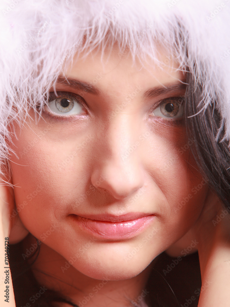 Portrait woman wearing santa claus costume on blue Portrait woman wearing santa claus costume on blue