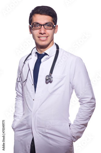 Young male doctor isolated on white