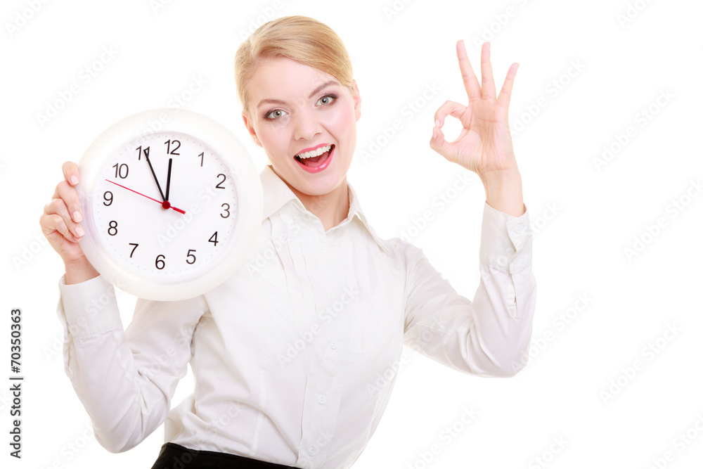 Portrait businesswoman showing clock and ok hand sign. Time. Portrait businesswoman showing clock and ok hand sign. Time.