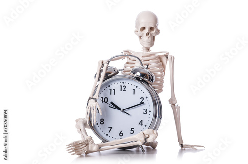 Skeleton with alarm clock on the white photo