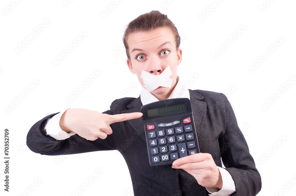 Woman with calculator in fraud concept isolated on white Woman with calculator in fraud concept isolated on white