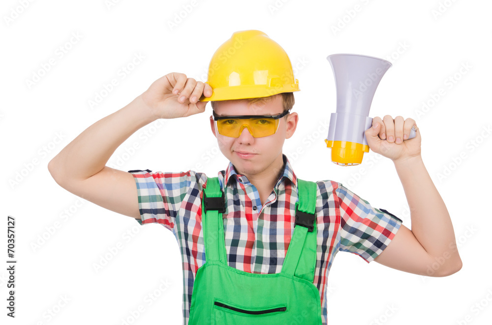Funny construction worker with loudspeaker on white Funny construction worker with loudspeaker on white