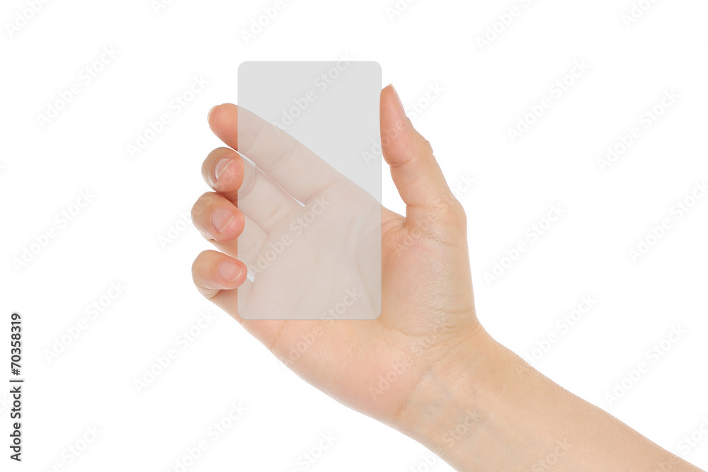 Hand holds transparent card on white background . Hand holds transparent card on white background .