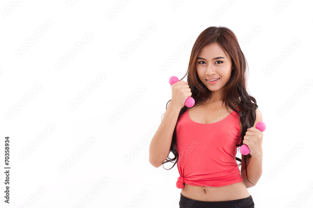 portrait of pretty sporty girl, hand holding dumbell, weight tra portrait of pretty sporty girl, hand holding dumbell, weight tra