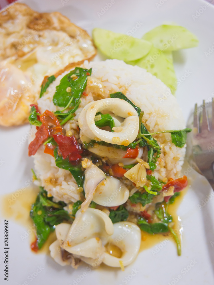 Stir-fried spicy squid and basil with rice and fried egg Stir-fried spicy squid and basil with rice and fried egg