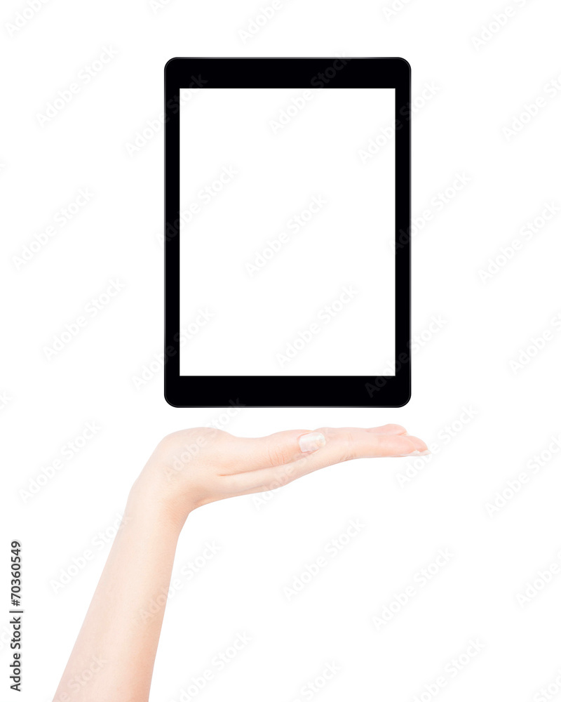 Female hand presents blank tablet pc Female hand presents blank tablet pc