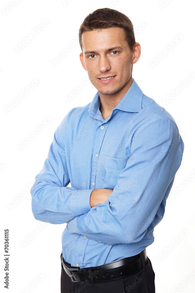 Portrait of young man in blue shirt on isolated background Portrait of young man in blue shirt on isolated background