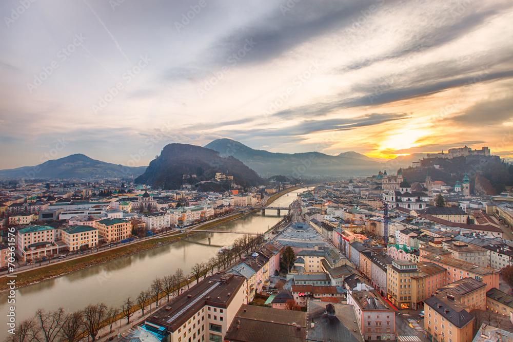 Sunrise view of the historic city Salzburg