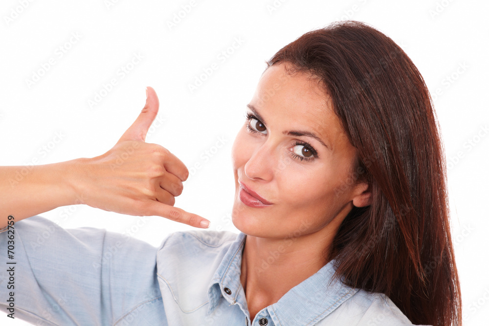 Adult latin lady with call gesture Adult latin lady with call gesture