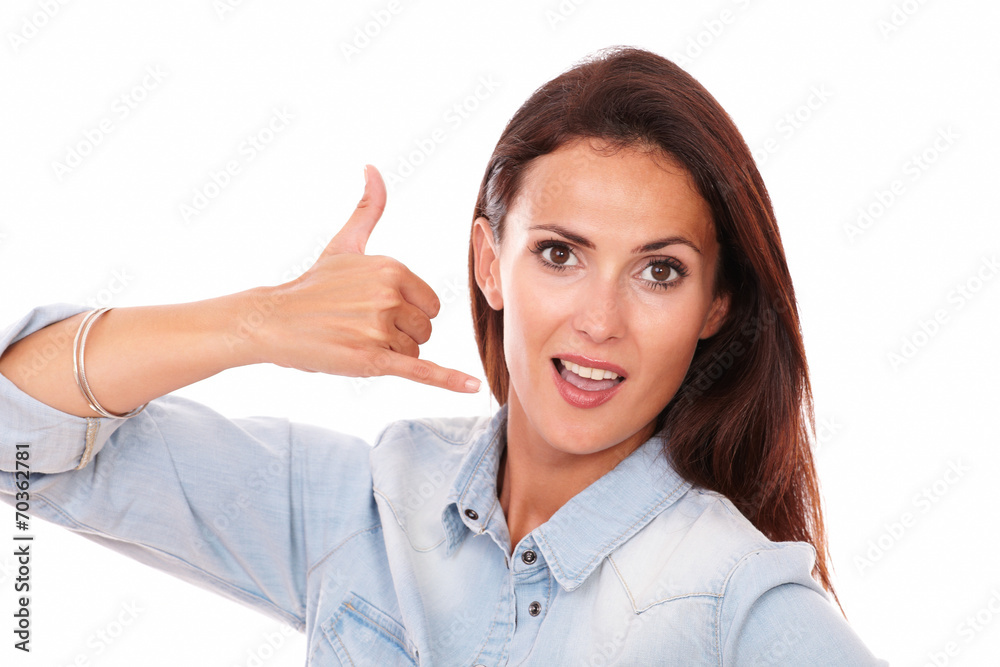 Positive adult female with phone gesture Positive adult female with phone gesture