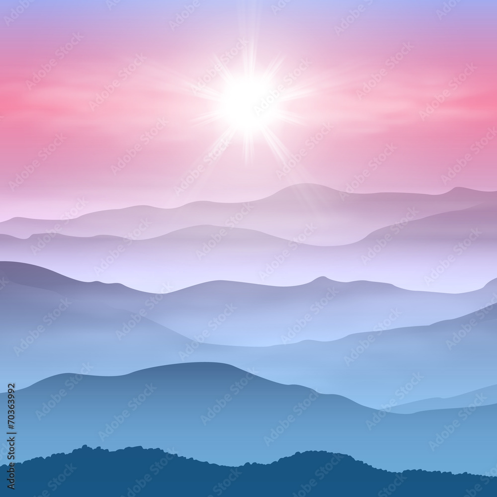 Background with sun and mountains in the fog