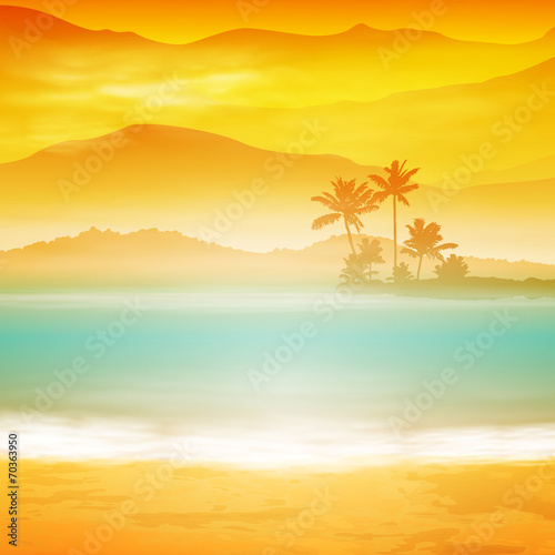 Fototapeta Naklejka Na Ścianę i Meble -  Background with sea and palm trees. Sunset time.