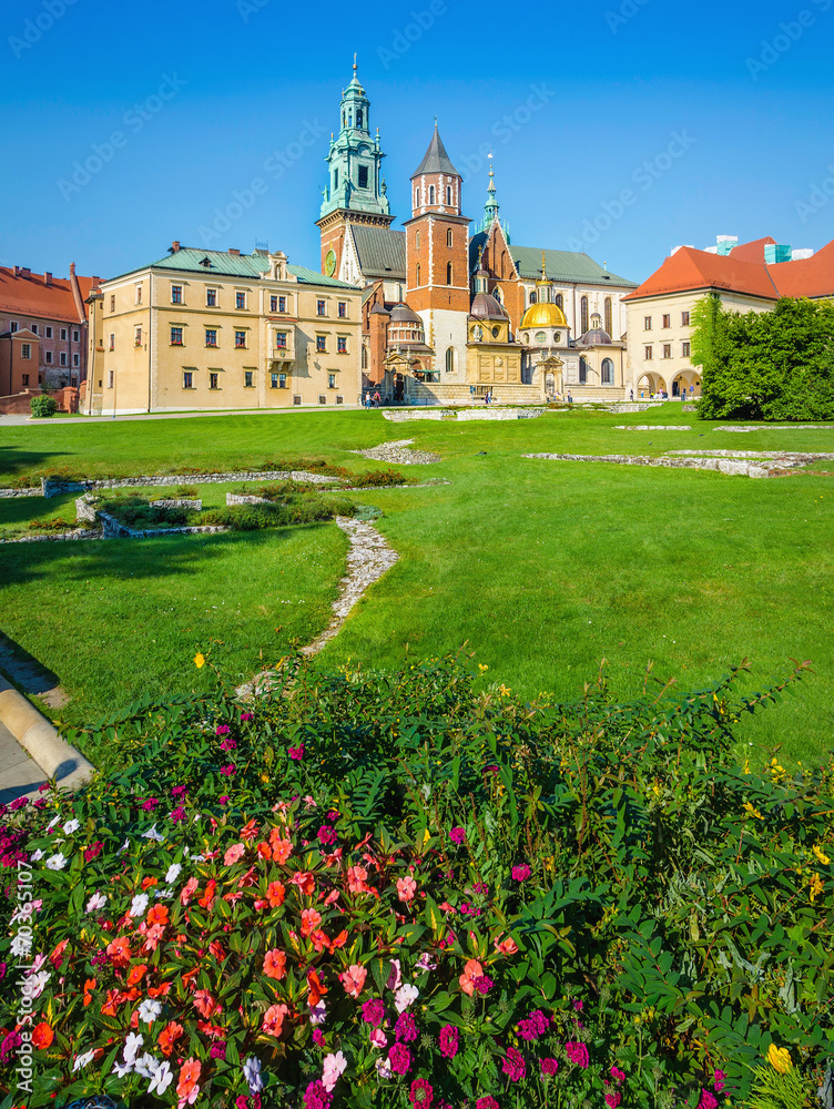 Wawel Castle and cathedral square with flowers Krakow, Poland