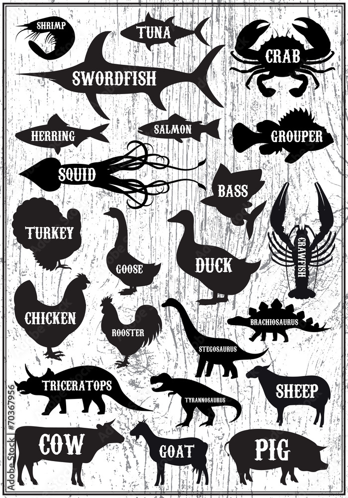 Naklejka premium set vector silhouettes of animals and birds on wood background