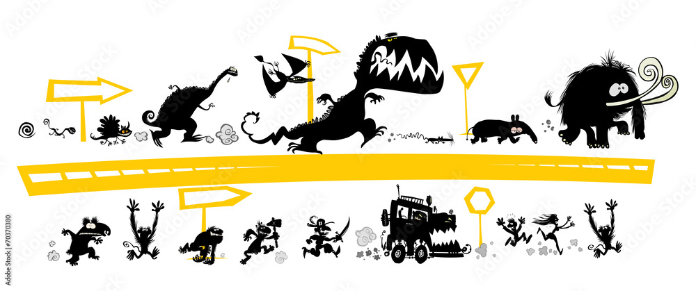 Fototapeta premium Running Silhouettes on the Evolution scale with road signs.