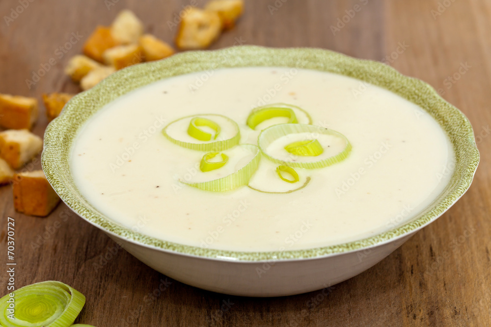 Bowl of Leek and Potato soup with croutons Bowl of Leek and Potato soup with croutons