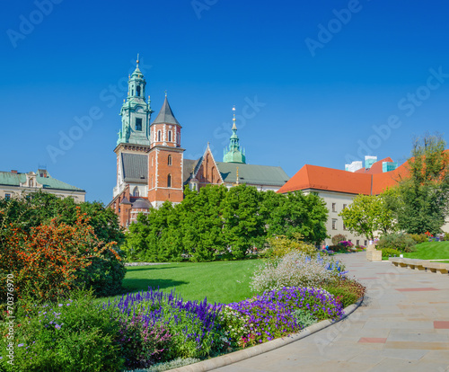Flowers in garden on courtyard of Wawel Castle, Krakow, Poland
