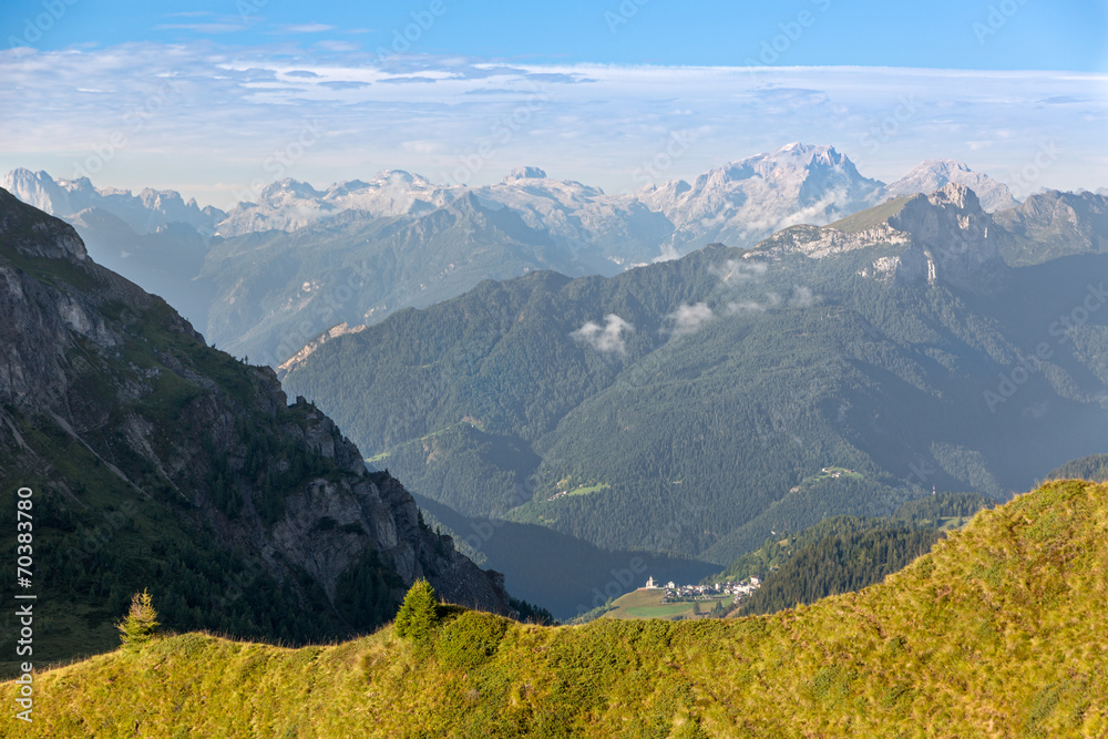 Fototapeta premium Village in Dolomites, Passo Giau, Alps, Italy
