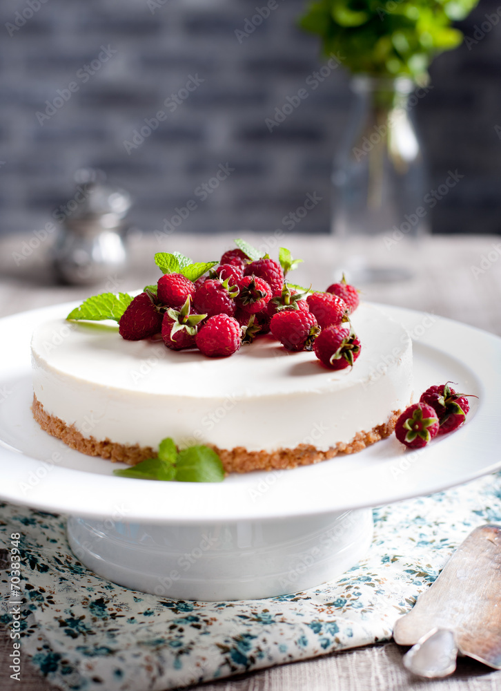 Goat cheese cheesecake with fresh raspberries Goat cheese cheesecake with fresh raspberries