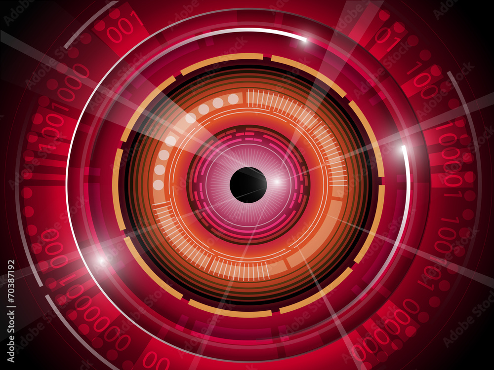 Red eyeball with binary code technology background Red eyeball with binary code technology background