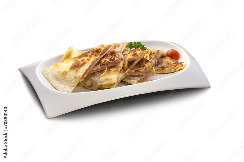 Flat bread stuffed with cheese and ham