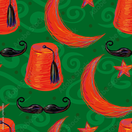 Turkish seamless pattern with fez and Crescent and Star