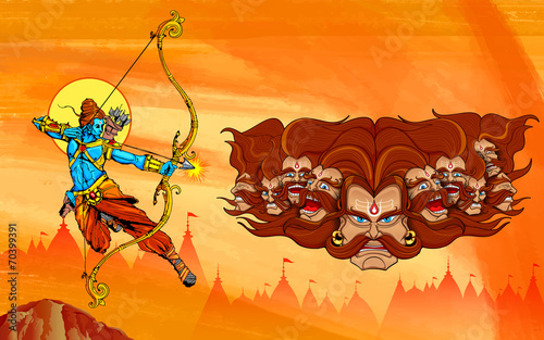 Fotografie, Obraz Lord Rama with bow arrow killimg Ravana