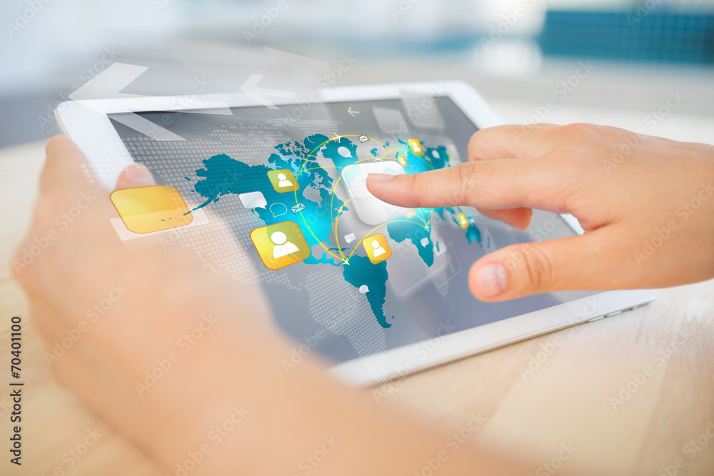 Woman hand hold white tablet with social network concept Woman hand hold white tablet with social network concept