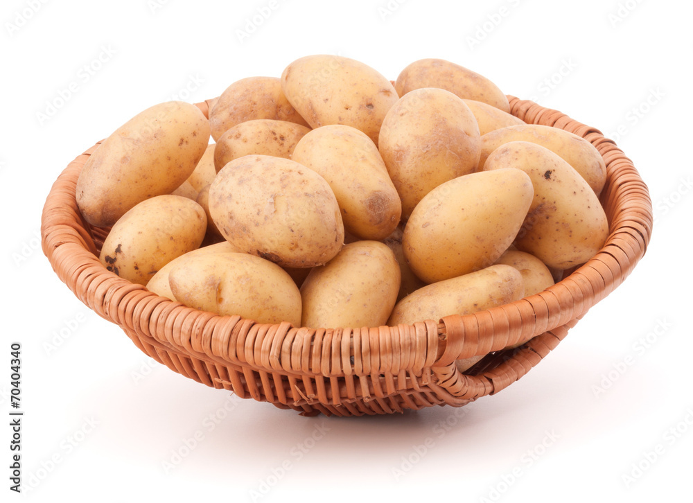 Potato tuber in wicker basket isolated on white background Potato tuber in wicker basket isolated on white background