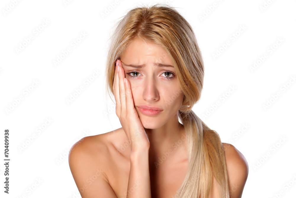 beautiful young blonde with a toothache on white background beautiful young blonde with a toothache on white background