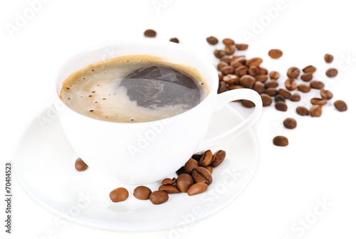 Cup of coffee with milk and coffee beans isolated on white