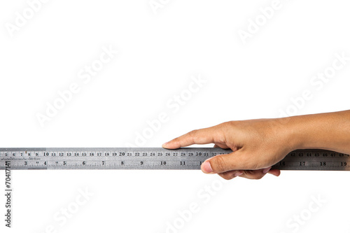 Hand holding a ruler on white background