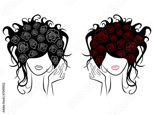 Female head with rose flowers in a hair