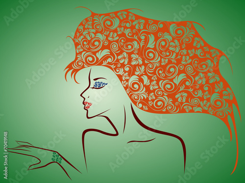 Female contour with floral elements over green