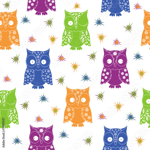 Colourful owl and stars seamless pattern photo