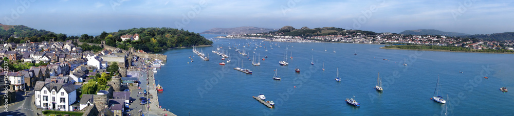 Bay with sailboat and yachts in Conwy, Wales, UK