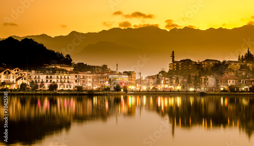 Photography Sa Pa, a city in the mountains on sunset