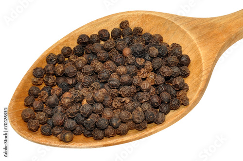 Black Peppercorns And Wooden Spoon