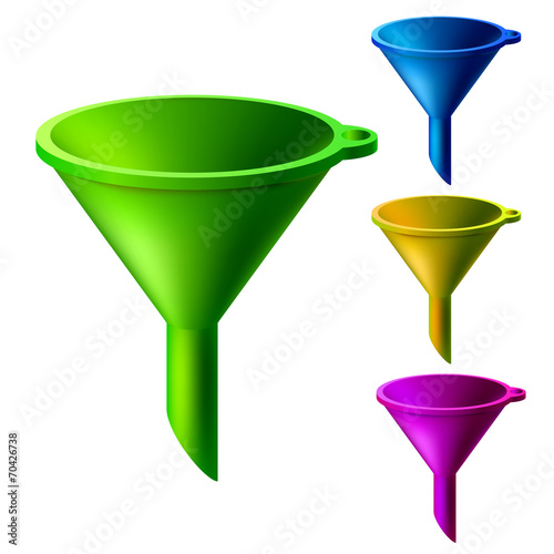 Set of multicolored bright funnels isolated on white background.