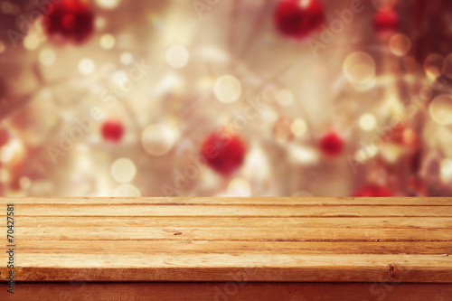 Christmas holiday background with empty wooden deck table