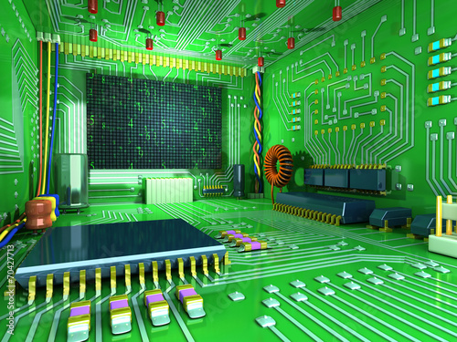 Fantasy digital room. Futuristic home inside.