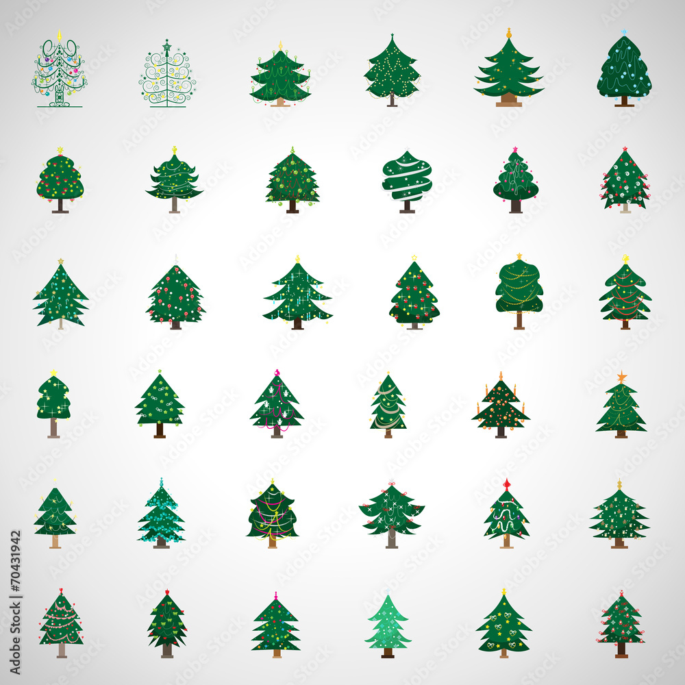 Christmas Tree Set - Isolated On Gray Background Christmas Tree Set - Isolated On Gray Background