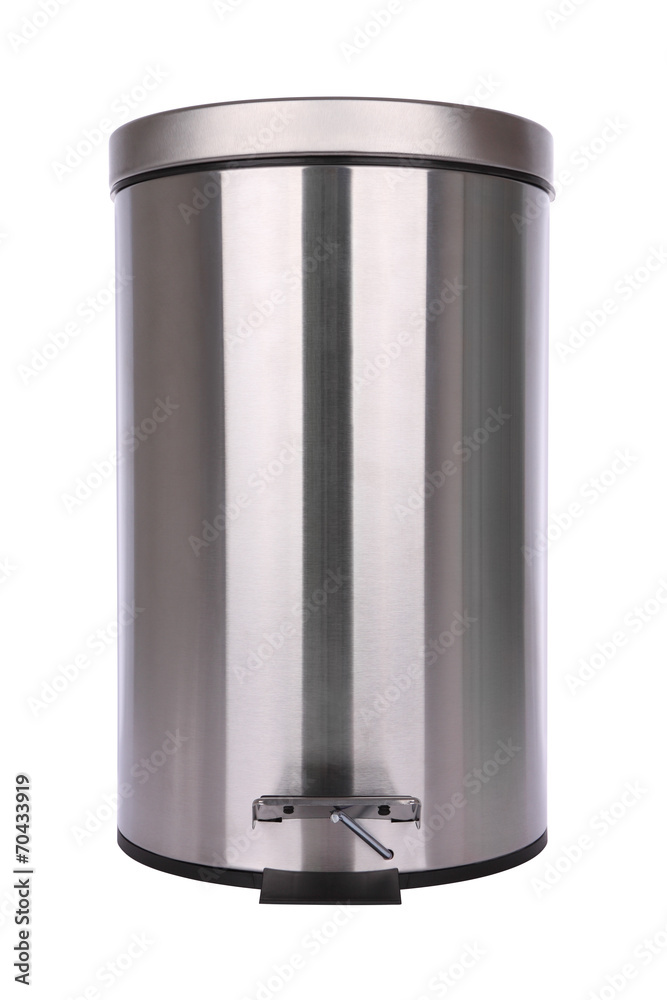 Front of closed trash can scratch surface on white background.