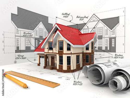 Fototapeta Naklejka Na Ścianę i Meble -  House on the drafts in different projections and blueprints.