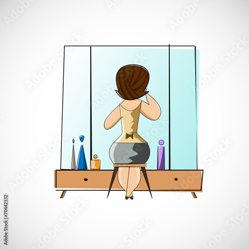 Girl preens before a mirror. Vector sketch