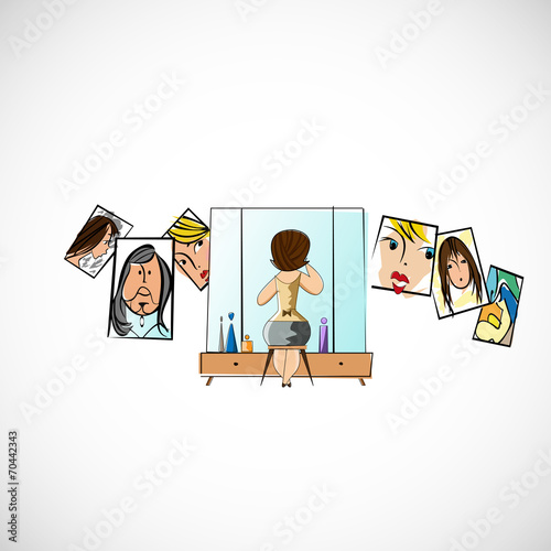 Girl preens before a mirror. Vector sketch