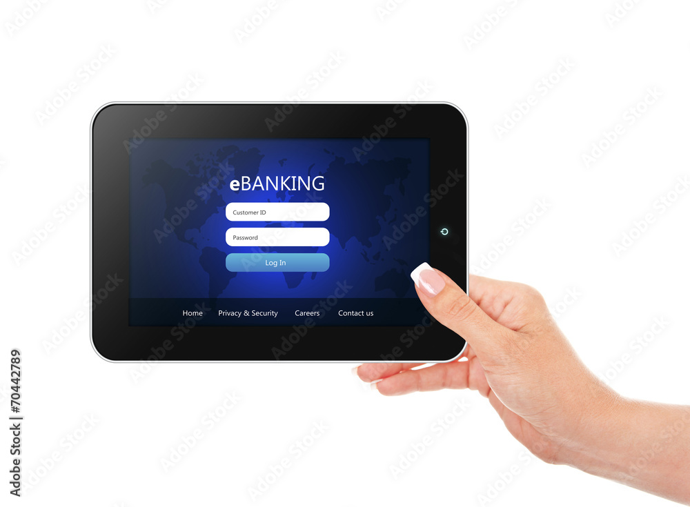 tablet with ebanking login page holded by hand isolated over wh tablet with ebanking login page holded by hand isolated over wh