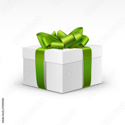 White Gift Box with Light Green Ribbon Isolated