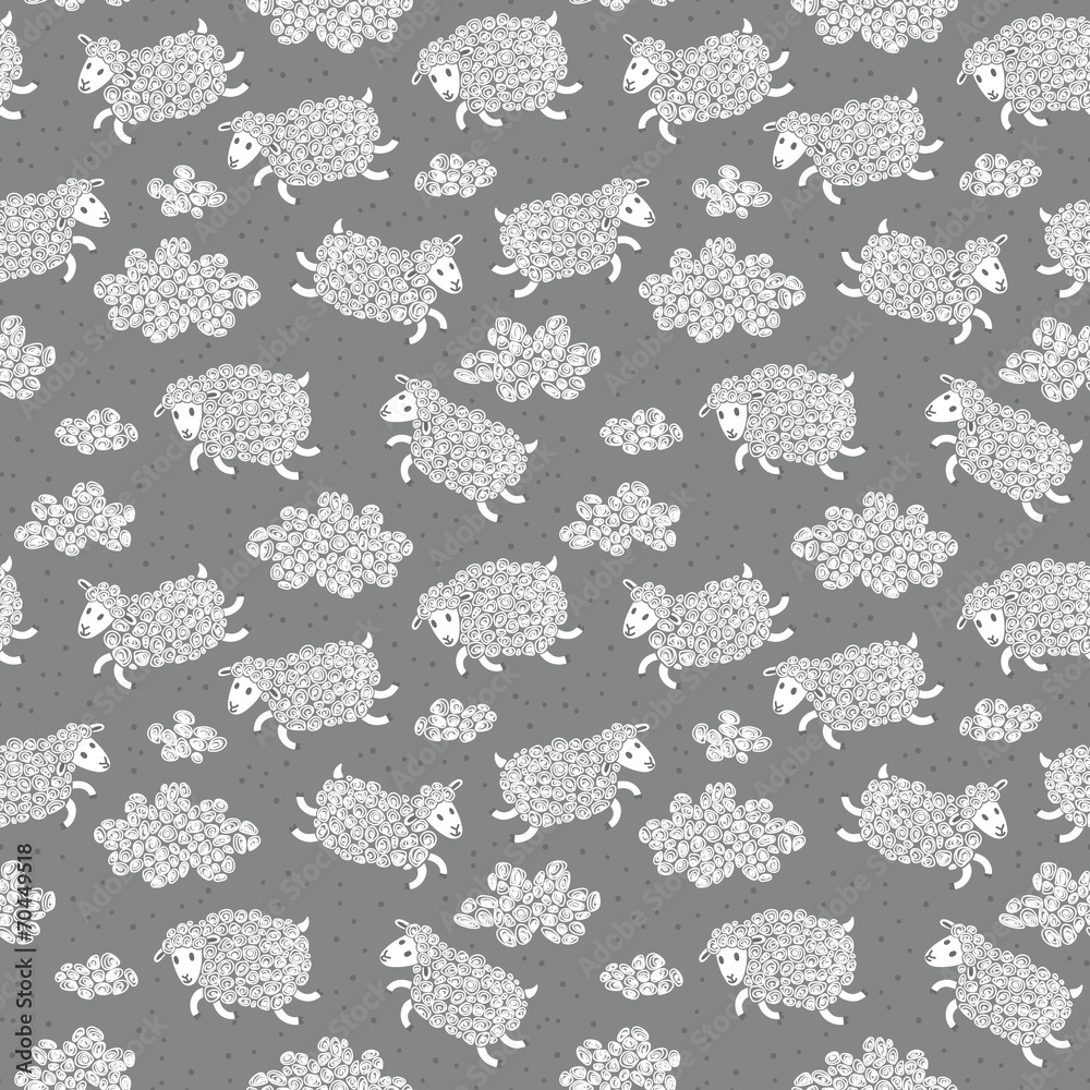 Naklejka premium Seamless pattern with cute sheep and clouds.