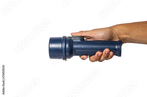 Hand holding flashlight over white background - concepts of sear